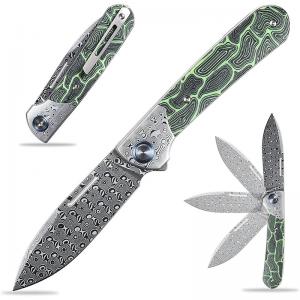 Engraved VG10 Damascus Pocket Knife Personalized Folding Green G10 Handle Knife